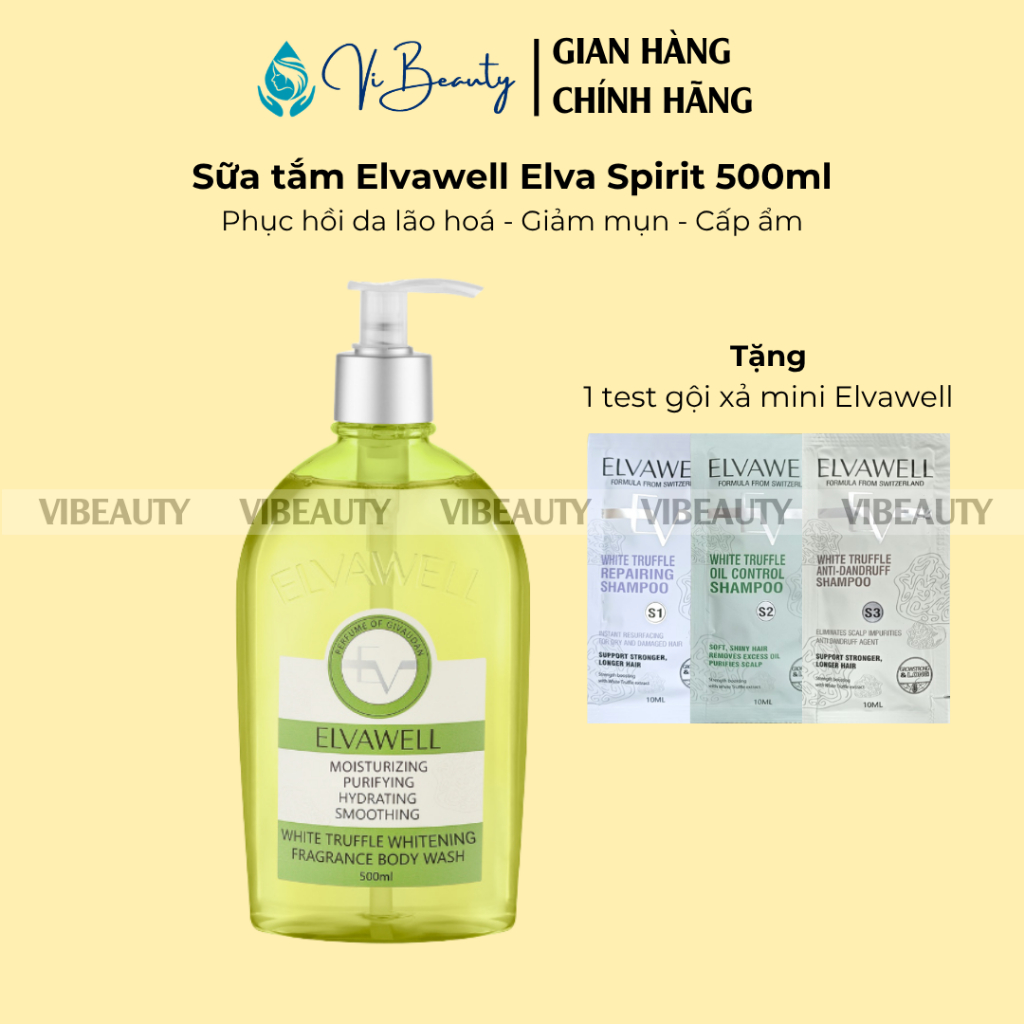 [Tặng 1 test Elvawell] Sữa Tắm White Truffle Whitening ELVAWELL Elva Spirit Xanh Lá 500ml