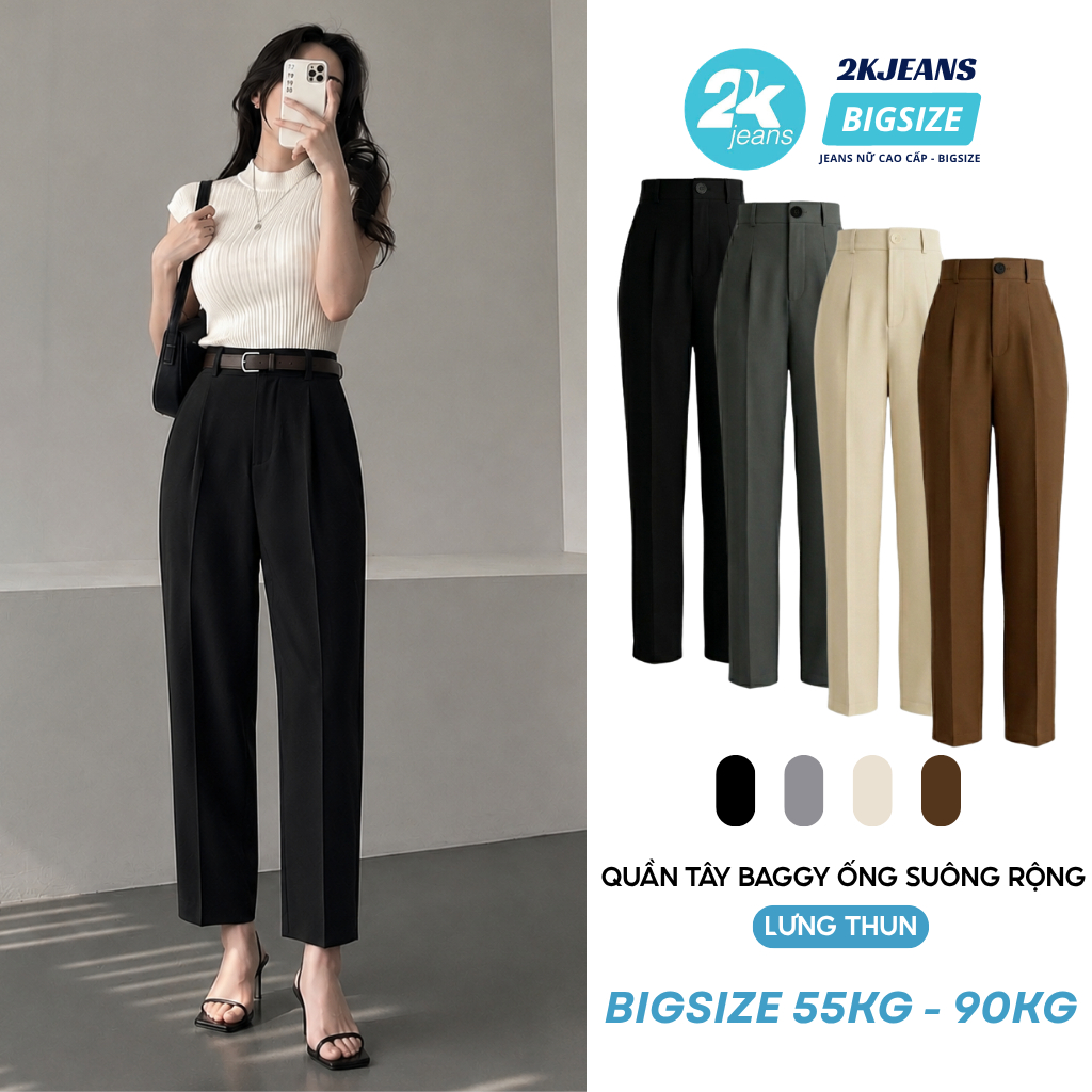 Quần Tây Baggy Nữ Lưng Thun Cạp Cao Ống Suông Rộng Che Khuyết Điểm Bigsize 2Kjeans QT329