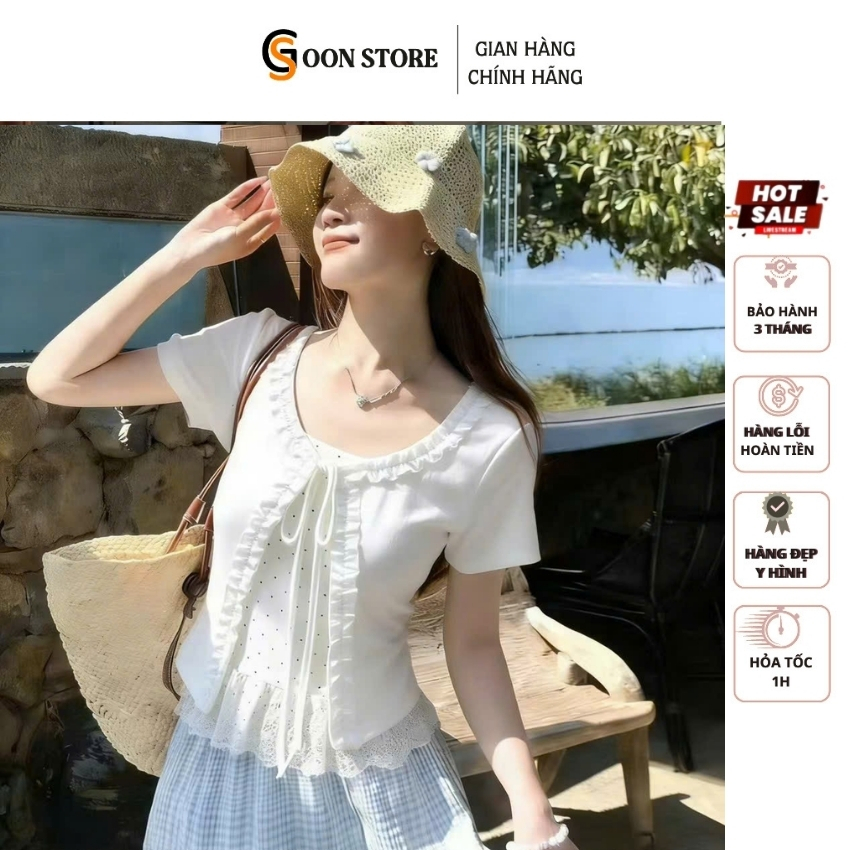 Áo Khoác Cardigan Tăm Lạnh Ngắn Tay Phối Tà Chấm Bi Bèo Nhún Nữ Goon Store