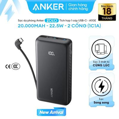 Sạc dự phòng Anker Zolo 10kmAh/20kmAh 22.5W, Tích hợp cáp USB-C | 2 Cổng 1C1A sạc 3 thiết bị cùng lúc - A110D/A110E