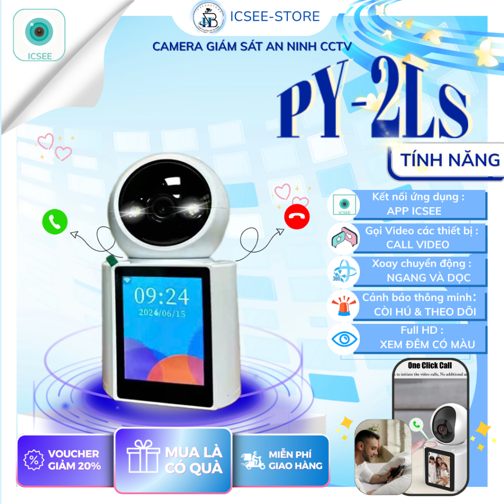 Camera giám sát iCSee PY-2LS/ PZ-Y8/ Q26-XM  đàm thoại 2 chiều , xem đêm full HD - hình ảnh sắt né -