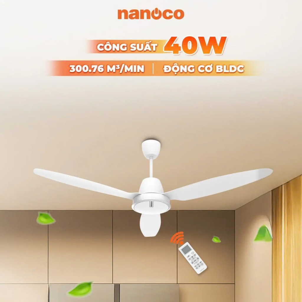 Quạt trần 3 cánh nhựa, động cơ BLDC Nanoco , NCF6031-W (Trắng–Chiều dài ti 43cm) / NCF6031-WS (Trắng