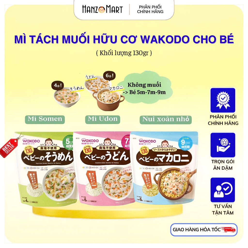 Mì somen cho bé Wakodo / udon / nui hữu cơ cho bé tách muối Nhật Bản