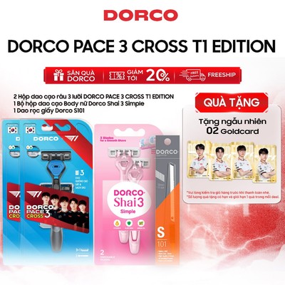 [Tặng-2-Gold-Card] Combo 2 Bộ Dao Cạo 3 Lưỡi DORCO PACE 3 CROSS T1 Edition + 1 Bộ Dao Cạo Body Nữ + 1 Dao Rọc Giấy