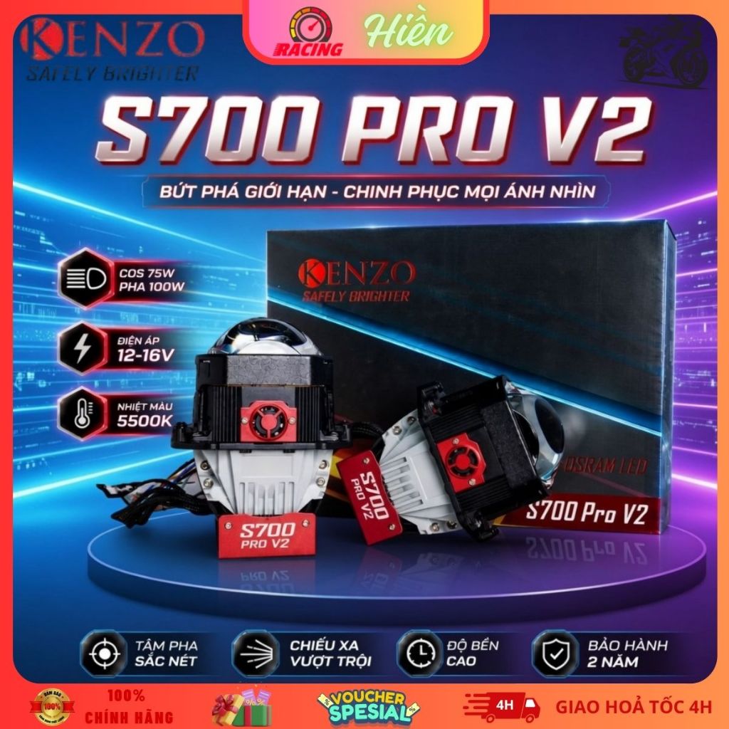 Đèn Bi Led Hiệu Suất Cao Kenzo S700 Pro V2 New 2026 Công Suất Pha 100W Có 2 Mắt Trợ Pha Siêu Khủng