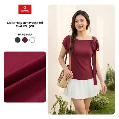 Áo phông nữ CARDINA chất liệu cotton zip tay cộc cổ thắt nơ lệch vai 6ATC20