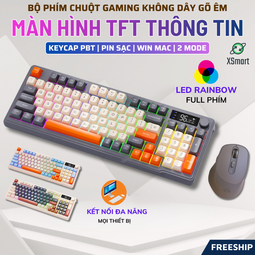 Bộ Bàn Phím Không Dây Bluetooth FreeWolf M96 LED 7 Màu Có Màn Hình, 2 Mode, Phím PBT Cao Cấp, Gõ Êm