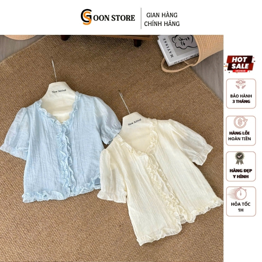Áo Sơ Mi Tơ Nhún Cổ V Phối Bèo Tay Bồng Tiểu Thư Xinh Xắn Goon Store