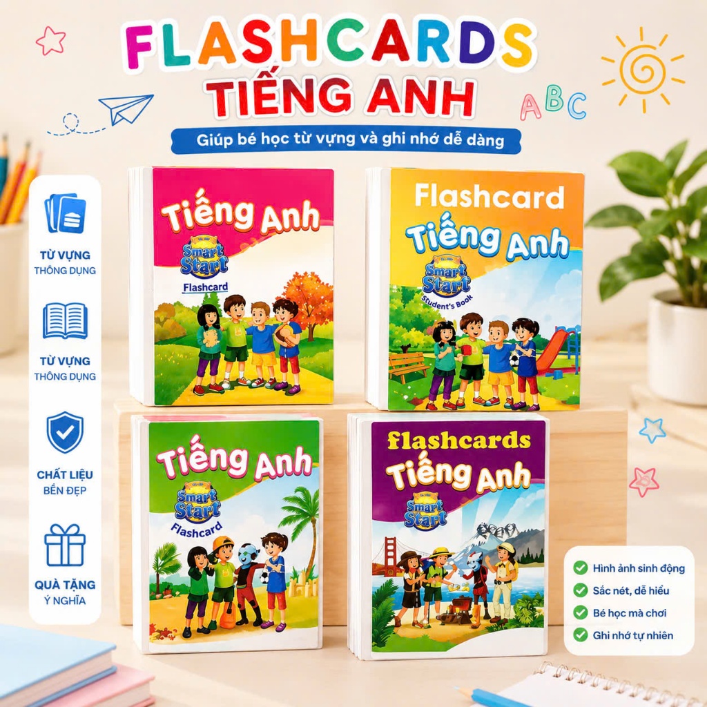 Thẻ Flashcard  Tiếng Anh lớp 1 - 2 - 3 - 4 - 5 Smart Start ép plastic 2 mặt