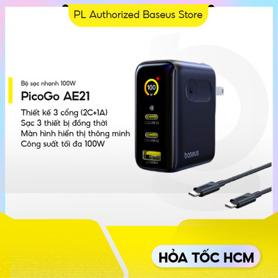 Bộ Sạc Nhanh Baseus PicoGo AE21 100W Màn Hình Hiển Thị Nhiều Thông Số 3 Cổng Sạc Nhanh