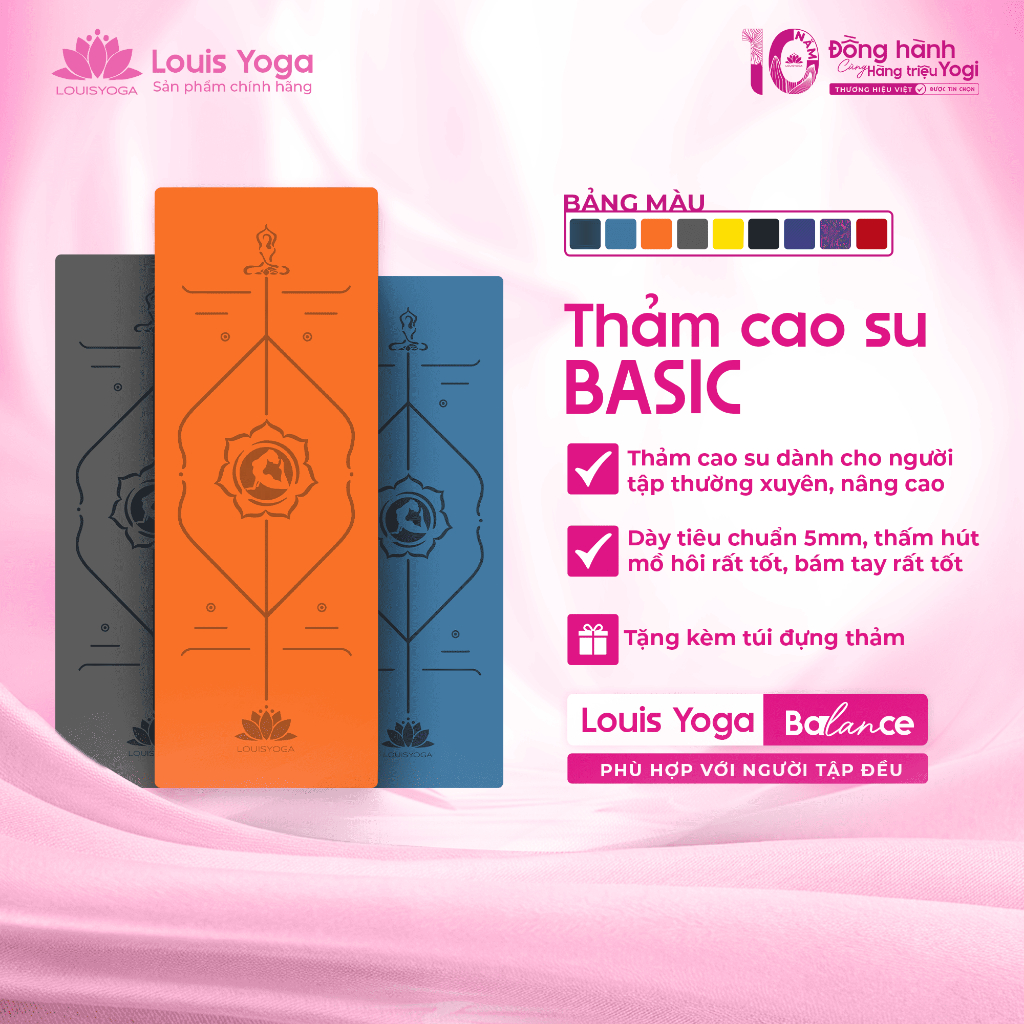 Thảm tập Yoga LOUIS YOGA, thảm tập yoga chống trượt cao cấp mẫu BASIC cao su tự nhiên êm ái