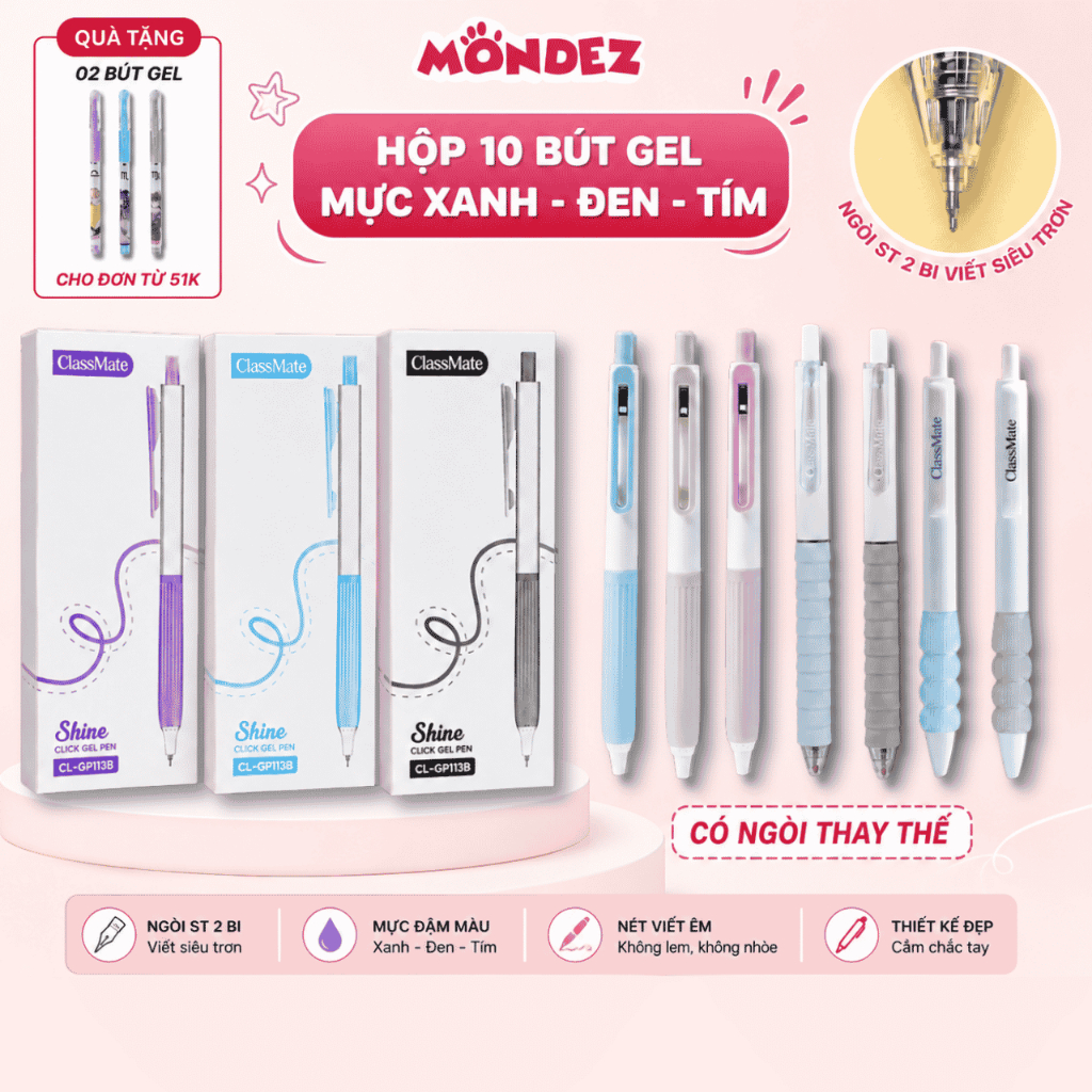 Hộp 10/12 Bút Gel Classmate Mực Xanh Đen Tím 0.5mm, Ngòi ST 2 Bi Viết Êm Trơn Mực Nhanh Khô Có Ngòi 