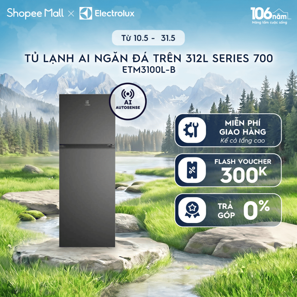 Tủ lạnh Electrolux AI ngăn đá trên 312L Series 700 Đen nhám ETM3100L-B - Ngăn đông mềm, AI Autosense