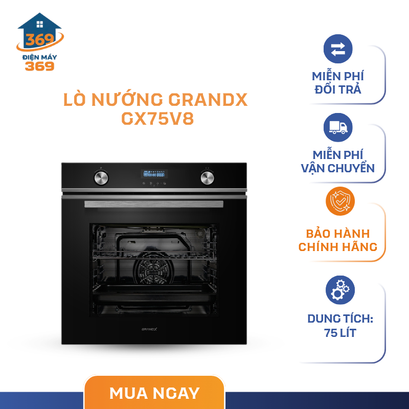 Lò Nướng Âm Tủ 75L GrandX GX75V8 – Công Suất 3000W – Cửa Kính Cách Nhiệt An Toàn - SMC
