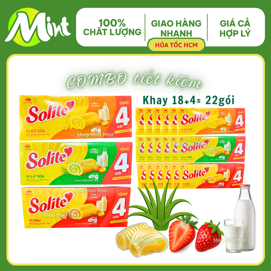[COMBO 3/ 5 Khay x 22gói] Bánh bông lan cuộn kem Solite vị Bơ sữa/ Dâu/ Lá Dứa 360G- Mint Mint