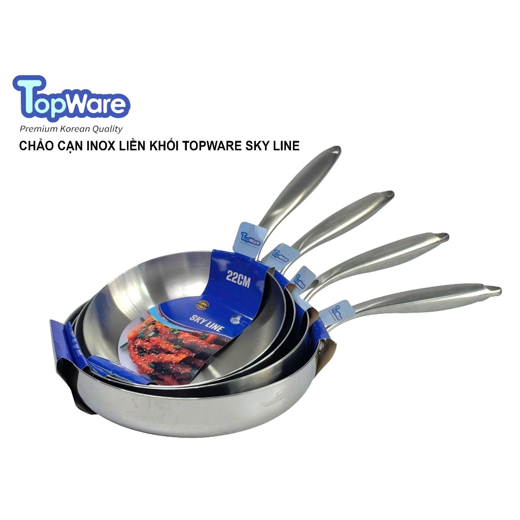 Chảo cạn inox 304 đáy liền nguyên khối Topware Sky Line Không kén bếp 20 22 24 26 28cm