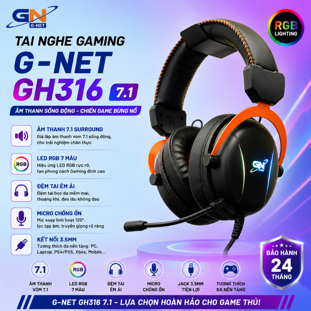 Thanh lý tai nghe G-NET GH316 7.1 RGB khung kim loại chính hãng loại 1 giá cực tốt