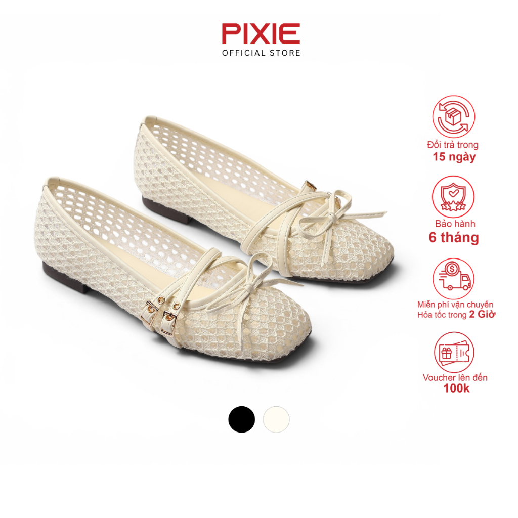 Giày Búp Bê Nữ Đế Bệt Da Vải Lưới Quai Ngang Đan Chéo Phối Khóa Đính Nơ Thời Trang Pixie H460