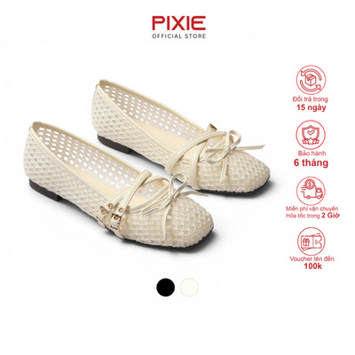 Giày Búp Bê Nữ Đế Bệt Da Vải Lưới Quai Ngang Đan Chéo Phối Khóa Đính Nơ Thời Trang Pixie H460