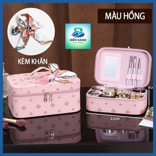 Túi Đựng Mỹ Phẩm Da PU Chống Nước Có Gương, Hộp Trang Điểm Du Lịch - Biển Xanh Gia Dụng