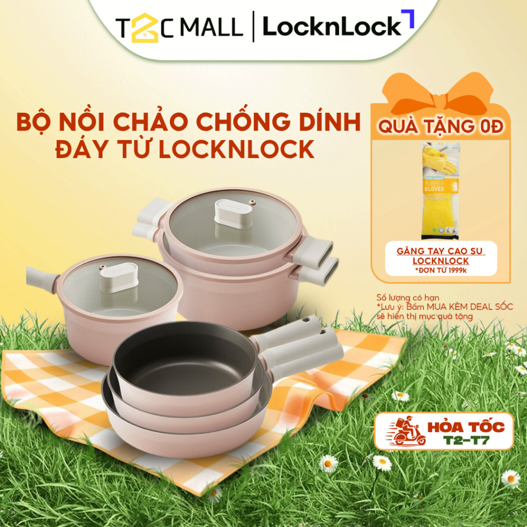 Bộ Nồi Chảo Quánh Chống Dính Bếp Từ LocknLock Suit IH  Cao Cấp Màu Hồng, Xanh Mint- T2C Mall