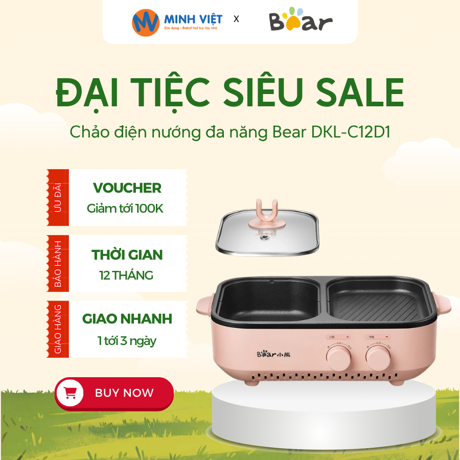 Bếp Lẩu Nướng Đa Năng Bear DKL-C12D1 - Dung Tích 1 Lít, 2 Ngăn Đa Năng - BH 18 Tháng - TL Tech World