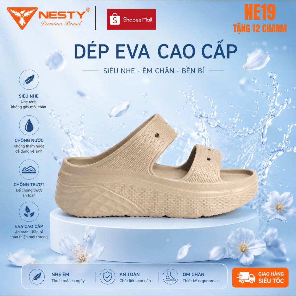 [NE19 ] [Tặng 12 Charm ] Dép Hai Quai Đế Cao Đúc Nguyên Khối Thương Hiệu NESTY