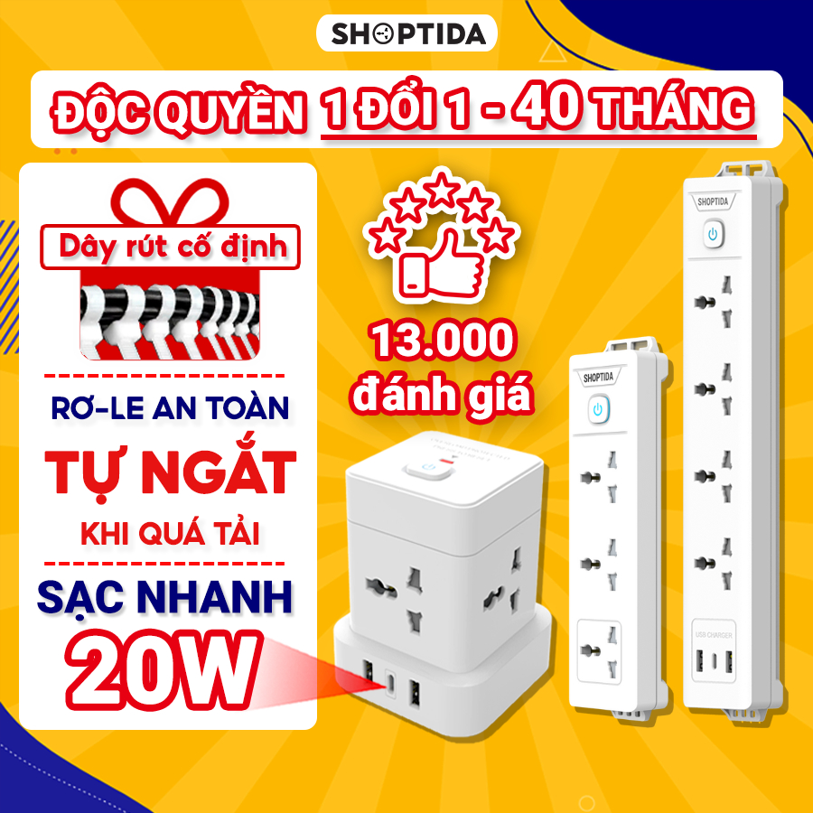 Ổ cắm điện đa năng 3-12 ổ tải 2500W Shoptida, sạc nhanh 20W cổng typeC USB, chống cháy an toàn, 1 đổi 1 40 tháng