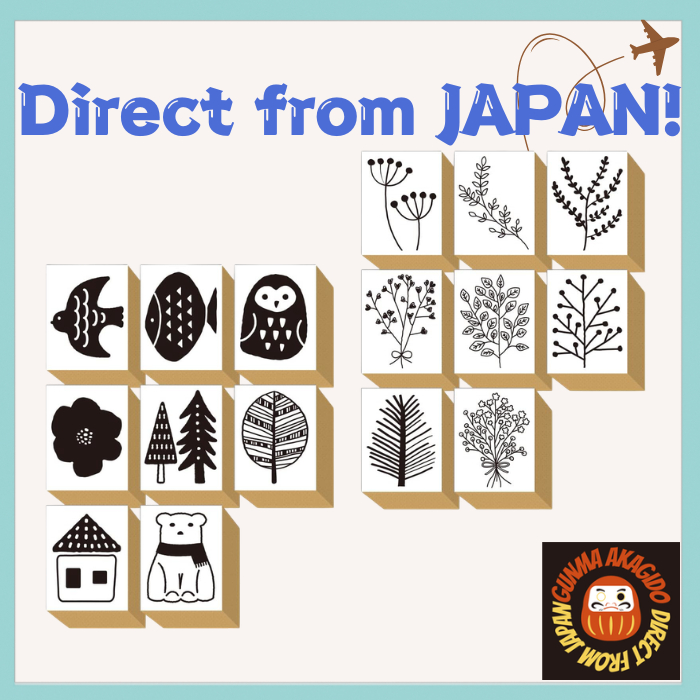 Stamp Set of 8 Wooden Box-shaped Hanko Leaf Botanical Nordic Owl Fish Bird House Design Handmade Pos