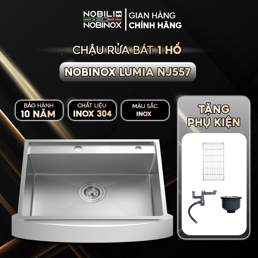 Chậu rửa bát 1 hố Nobinox LUMIA NJ557 inox 304 - Tặng kèm phụ kiện