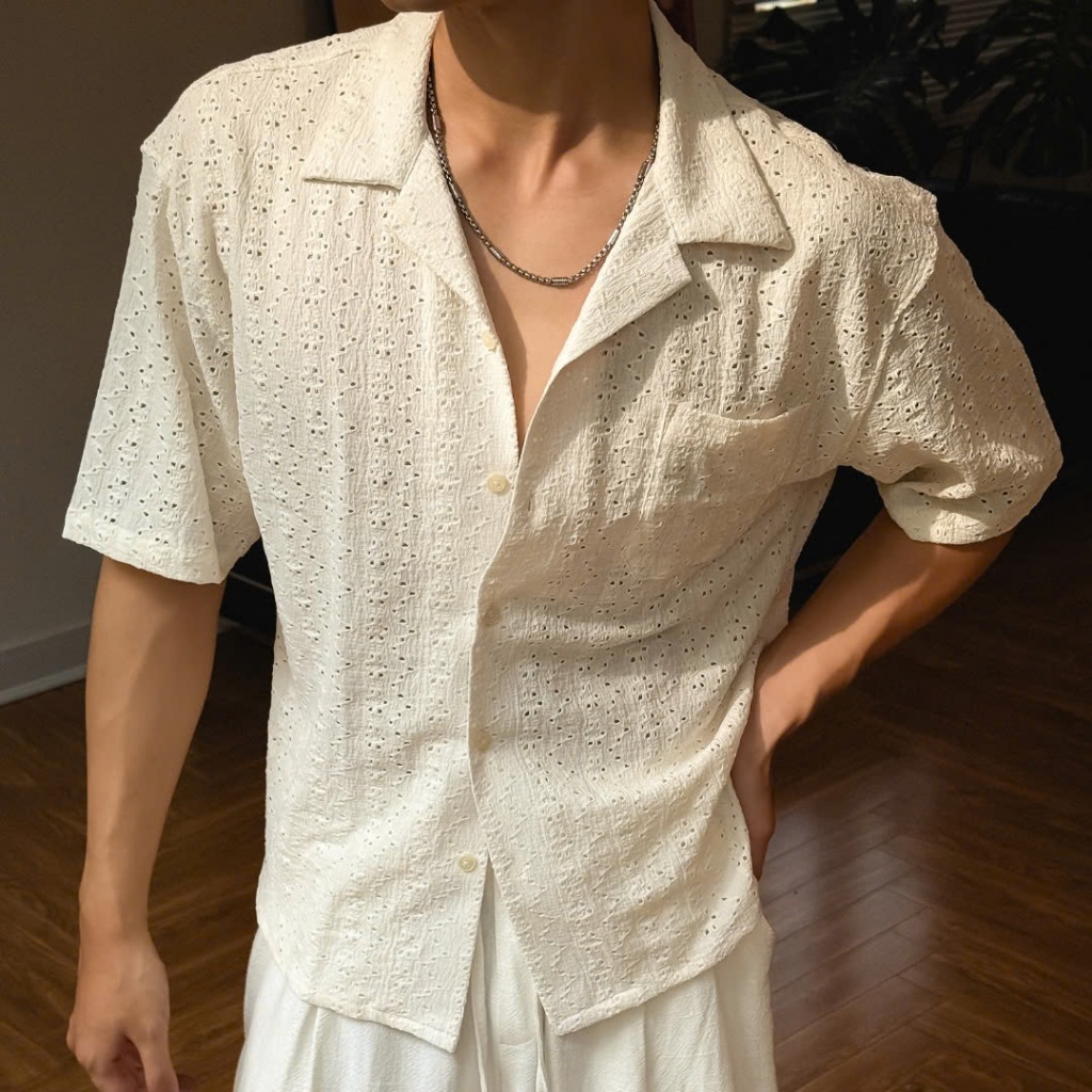 Áo sơ mi nam ngắn tay Cuban Crochet B Brown vải dệt kim cao cấp phù hợp đi biển