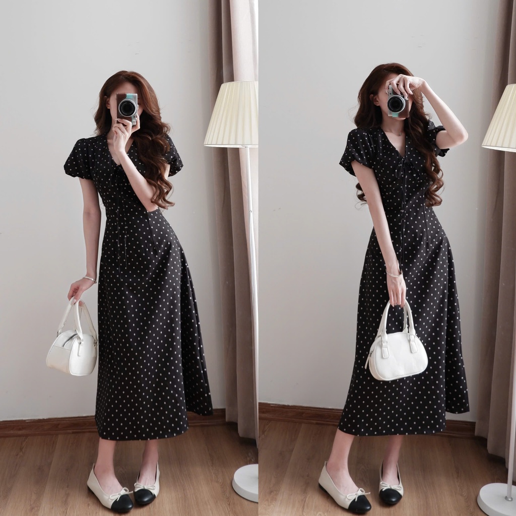Váy chấm bi XIXEOSHOP dáng dài và dáng ngắn cổ V tay phồng hàn quốc xixeoshop - V55 | BigBuy360 - bigbuy360.vn