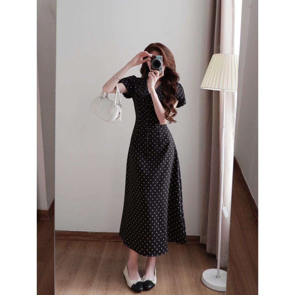 Váy chấm bi XIXEOSHOP dáng dài và dáng ngắn cổ V tay phồng hàn quốc xixeoshop - V55 | BigBuy360 - bigbuy360.vn