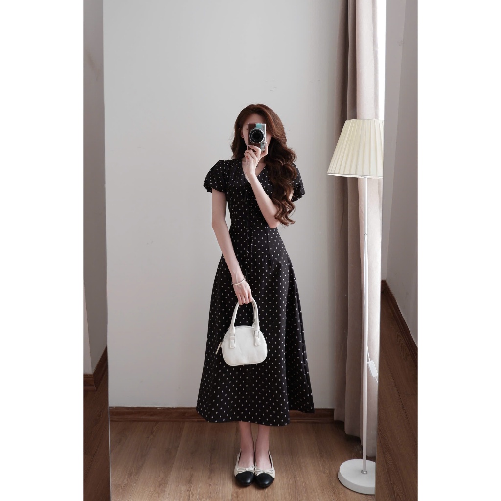 Váy chấm bi XIXEOSHOP dáng dài và dáng ngắn cổ V tay phồng hàn quốc xixeoshop - V55 | BigBuy360 - bigbuy360.vn