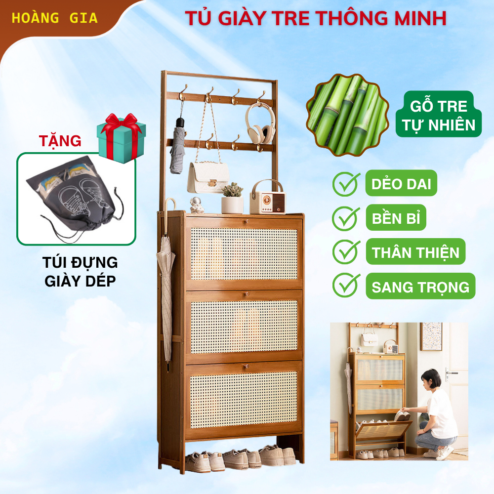 Tủ giày gia đình chất liệu gỗ tre cánh nhựa mây dung tích lớn, Kệ giày kiêm móc treo để đồ đa năng d