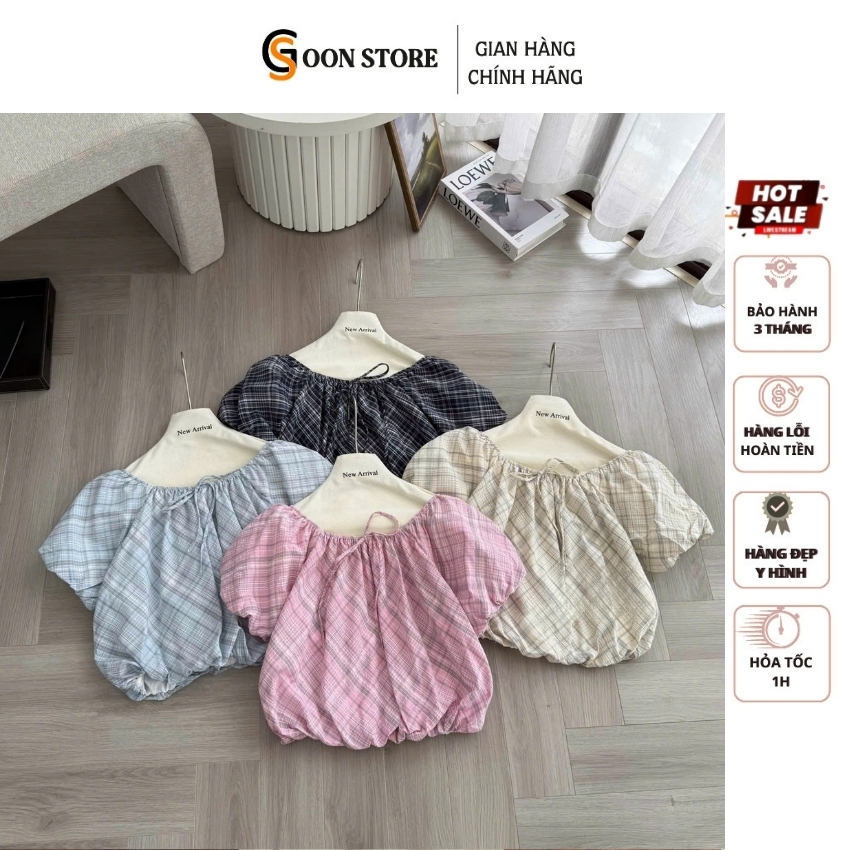 Áo Kiểu Nữ Cổ U Dáng Babydoll Kẻ Caro Bo Gấu Phồng Xinh Xắn Goon Store