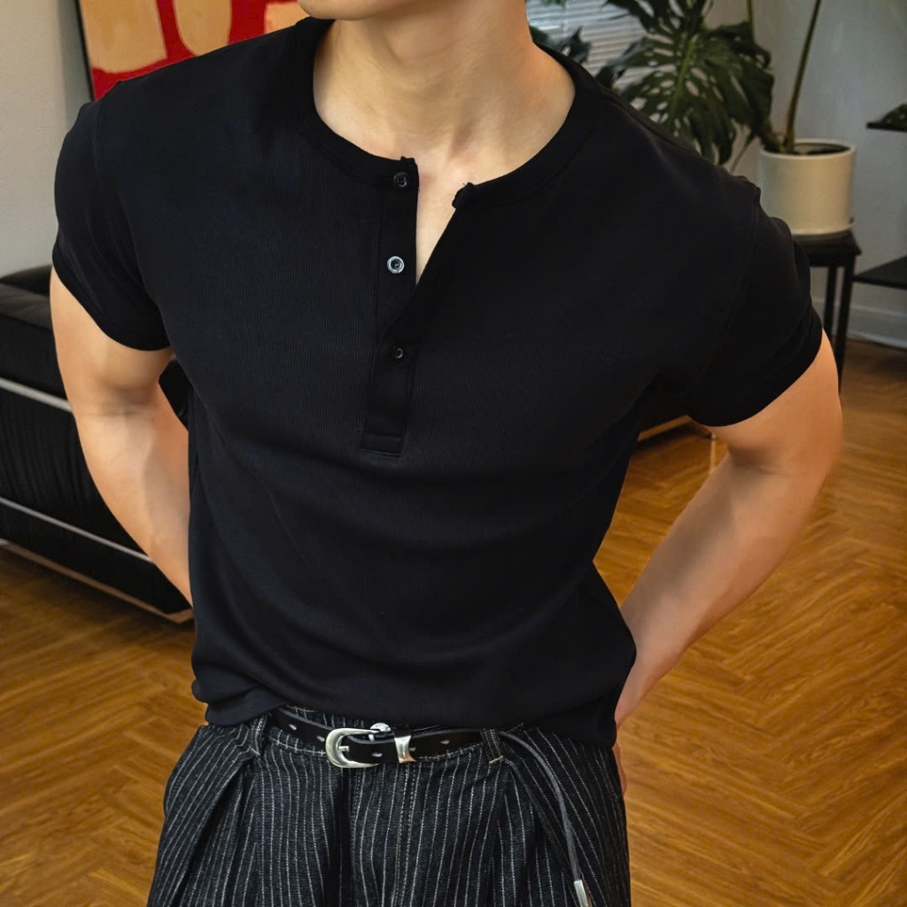 Áo Thun Trơn Dáng Slim Fit Ôm Body - B Brown Slim Ribbed Cotton T Shirts
