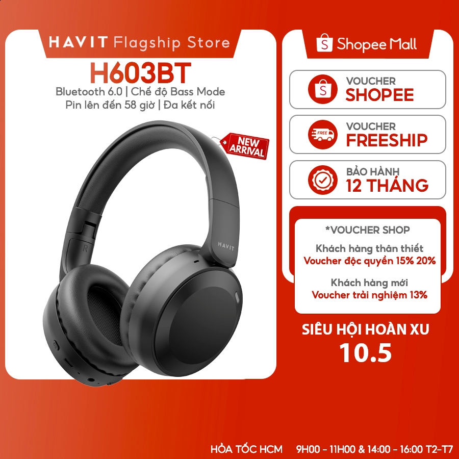 Tai nghe Bluetooth Headphone Havit H603BT Pin 58 tiếng | Bluetooth 6.0
