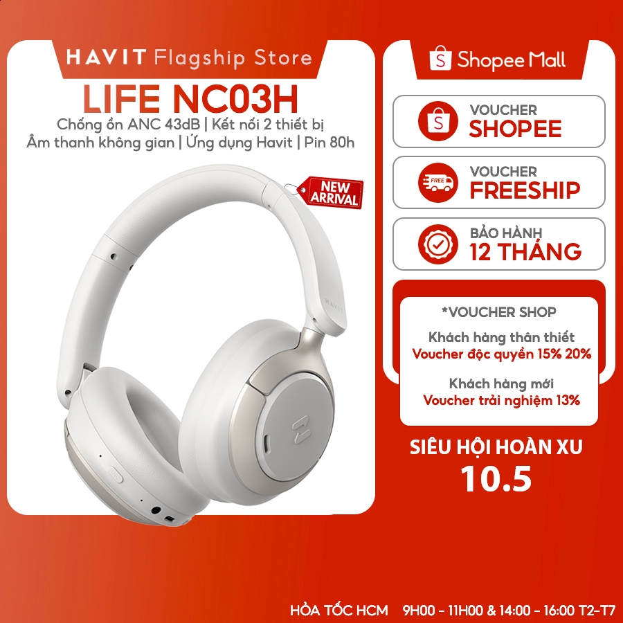 Tai nghe Bluetooth Headphone Havit Life NC03H | Spatial Hires Audio | Kết nối 2 TB & App Control | Bluetooth 6.0