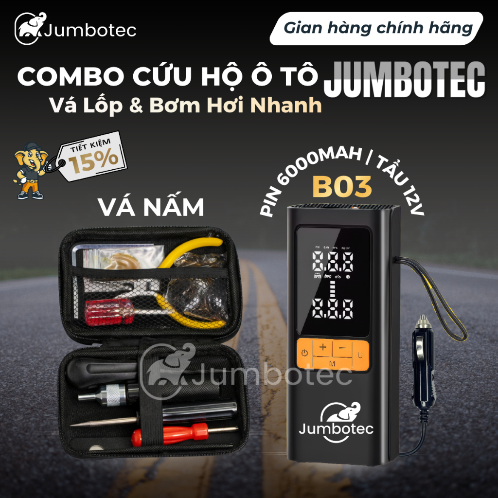 Combo Cứu Hộ Ô Tô Jumbotec: Bộ Nấm Vá Lốp & Bơm Điện Tử B03, Không Tháo Lốp, Không Cần Chờ Cứu Hộ