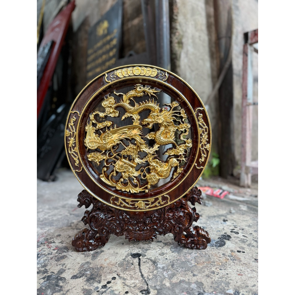 Tranh Đĩa Tứ Linh gỗ Lim kích thước 35x45x3cm