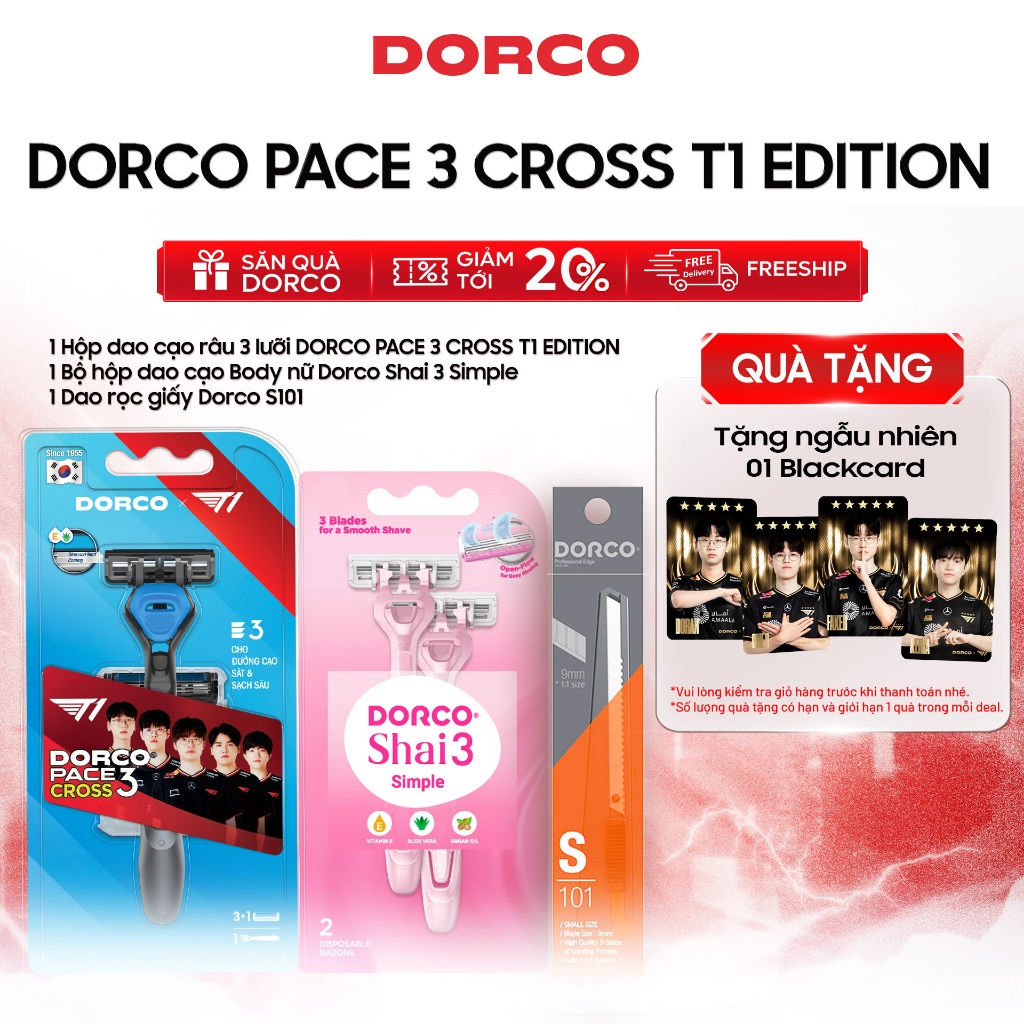 [Tặng-1-Black-Card] Combo Dao Cạo Râu Hàn Quốc 3 Lưỡi DORCO PACE 3 CROSS T1 Edition + Dao Cạo Body N