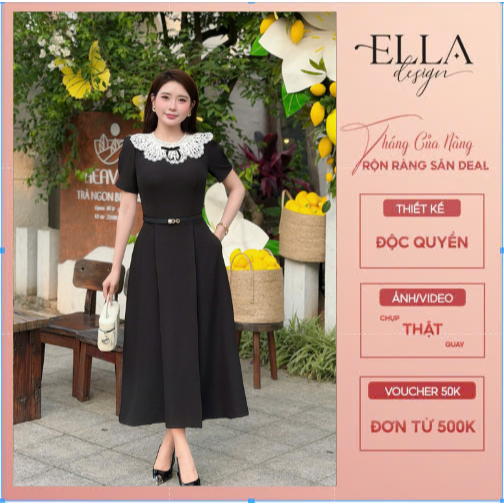 Váy Đầm Thiết Kế Ella Desgin cho nữ kiểu dáng váy midi xòe,cổ lọ phối vải ren hoa, tay ngắn( tặng kè