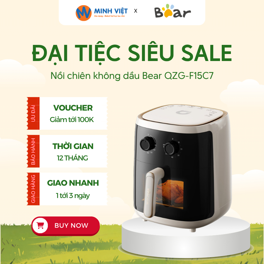 Nồi Chiên Không Dầu Bear QZG-F15C7 - 1500W, Chín Đều, Chống Dính Tốt - BH 18 Tháng - TL Tech World