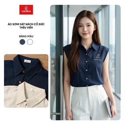 Áo sơ mi nữ CARDINA chất liệu đũi sát nách cổ đức thêu viền 6ASS01