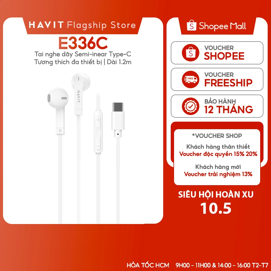 Tai Nghe Có Dây Havit E336C Type-C Thiết Kế Bền Nhẹ Kiểu Dáng Semi-inear
