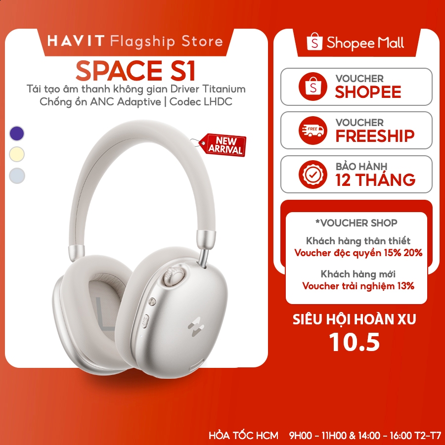 Tai nghe Bluetooth Headphone Havit Space S1 | Adaptive ANC 45dB | Driver Peek Titanium | Codec LHDC | Bluetooth 6.0