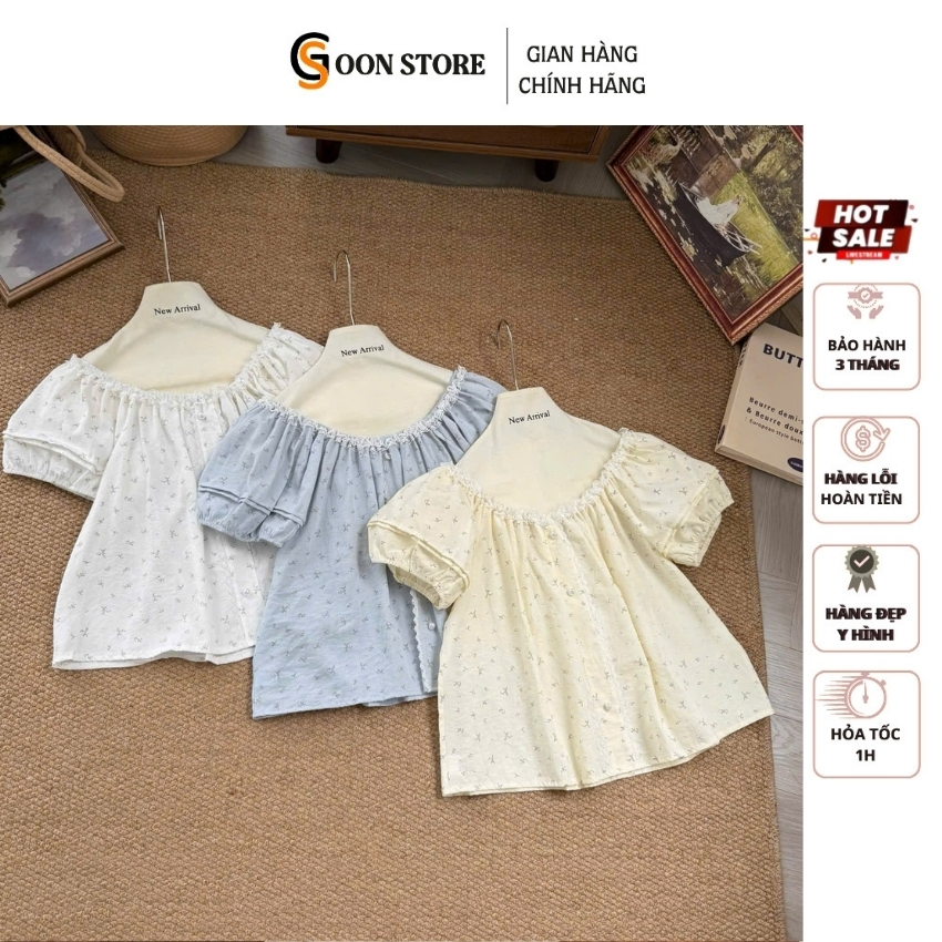 Áo Kiểu Hoa Nhí Trễ Vai Viền Ren Tay Bồng Dáng Suông Tiểu Thư Goon Store
