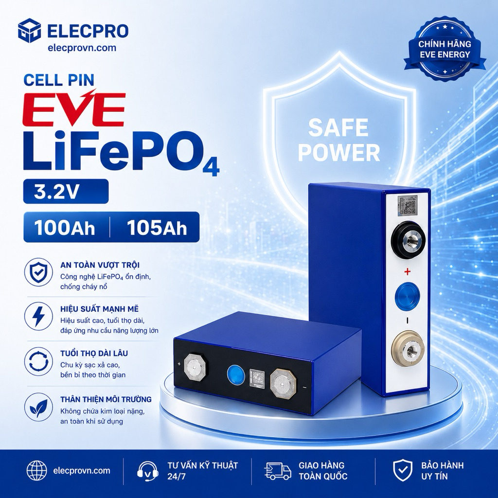 Pin Vuông Lithium 100Ah-105Ah,Cell Pin EVE LiFePO4 3.2V-100Ah-3C,105Ah-3C,Chính Hãng,Có VAT