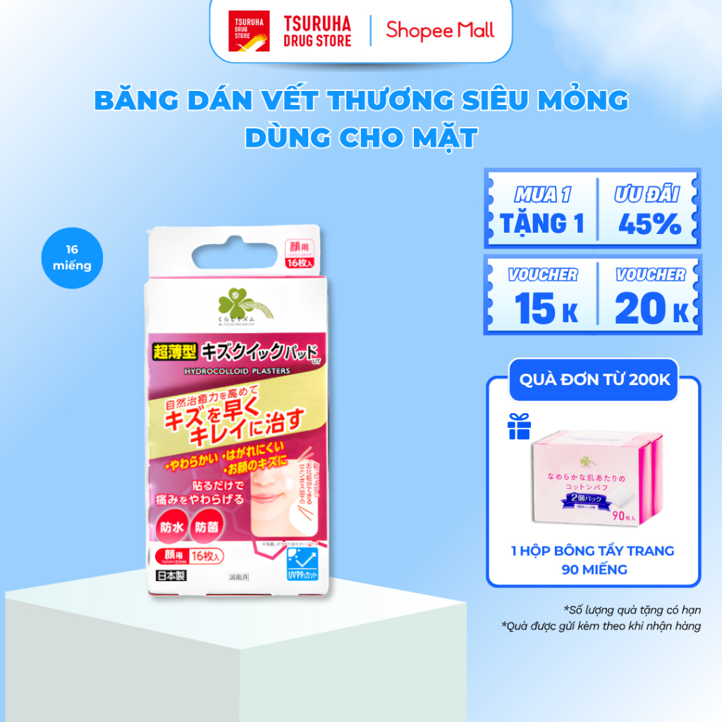 Băng Dán Vết Thương Siêu Mỏng Dùng Cho Mặt KURASHI RHYTHM Hydrocolloid Plasters For Face 16 Miếng